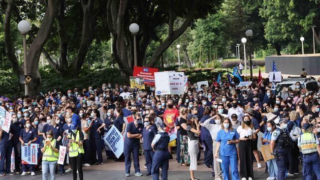 Nursing staff gather outside Parliament. Picture: NCA NewsWire / David Swift