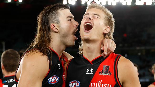 Sam Draper (left) and Nick Bryan finished the season as Essendon’s preferred ruck combination with Goldstein in the VFL. Picture: Dylan Burns / Getty Images