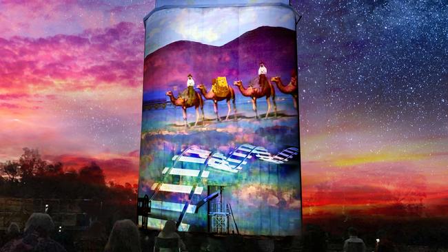 A visualisation of the new new silo art at Quorn, being launched by Illuminart and Flinders Rangers Council. Picture: Cindi Drennan