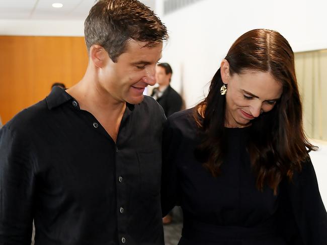 NAPIER, NEW ZEALAND - JANUARY 19: New Zealand Prime Minister Jacinda Ardern and partner Clarke Gayford leave after she announces her resignation at the War Memorial Centre on January 19, 2023 in Napier, New Zealand. (Photo by Kerry Marshall/Getty Images)