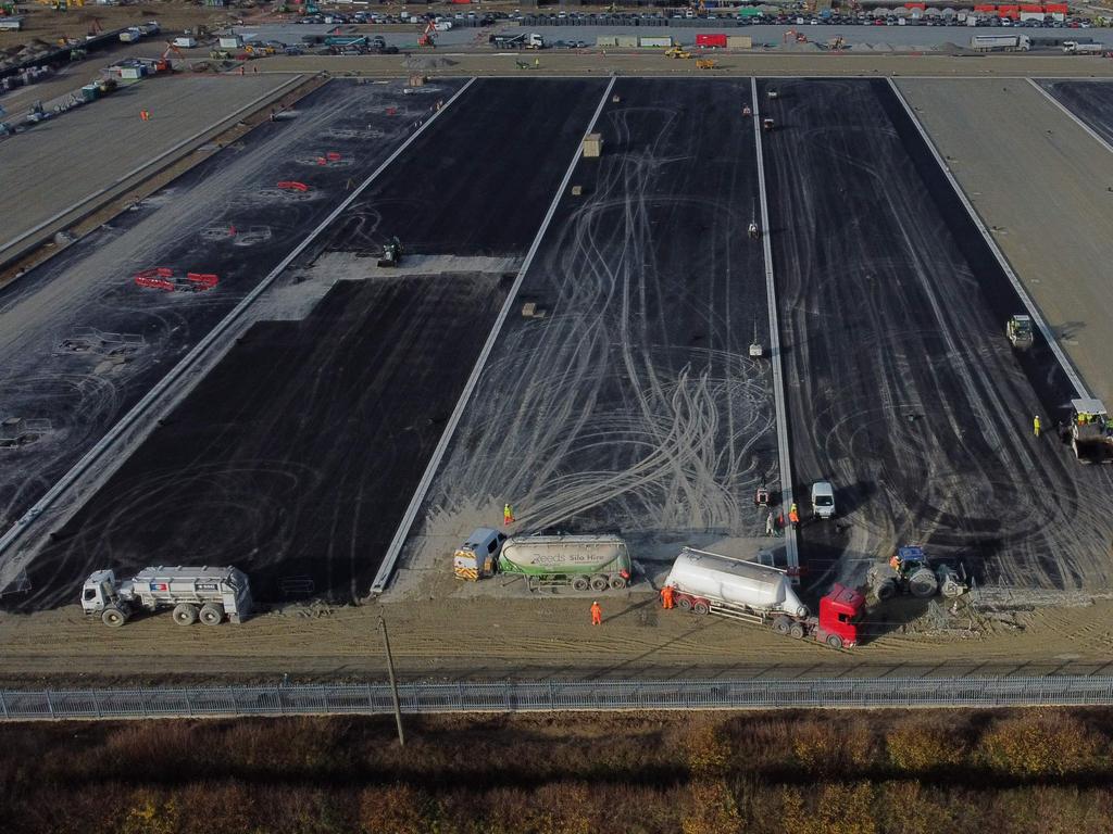 An aerial picture shows construction work at the site of a lorry park in Kent which will have the capacity to hold nearly 10,000 vehicles in the event of a no-deal Brexit. Picture: BEN STANSALL / AFP)