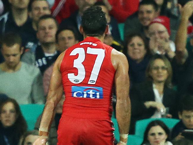 Sydney Swans' Adam Goodes gets in the face of the Carlton supporters celebrating a goal during AFL match Sydney Swans v Carlton at the SCG. pic. Phil Hillyard
