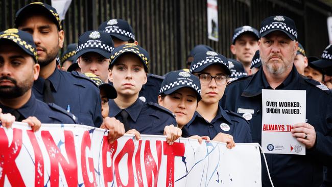 Victorian Police staged a walkout protest at Victorian Police Academy in Glen Waverley in November over ongoing industrial relations pay disputes. Picture: NewsWire / Nadir Kinani