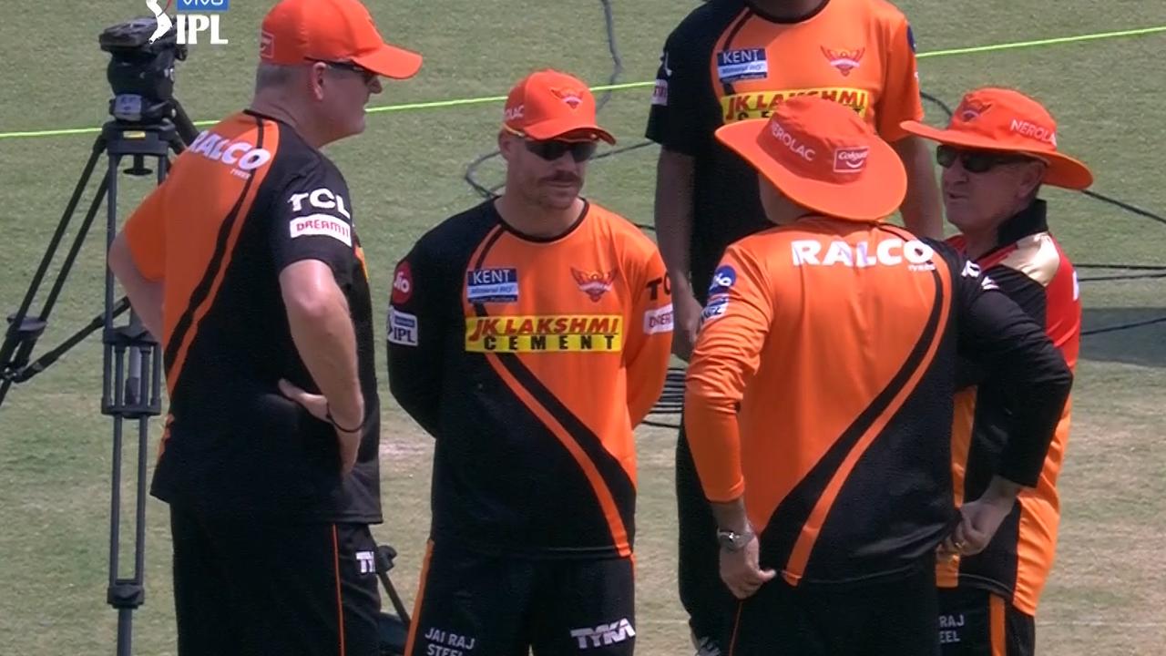 David Warner talks with Tom Moody and Trevor Bayliss (R) after being dropped from the XI. Photo: Fox Sports