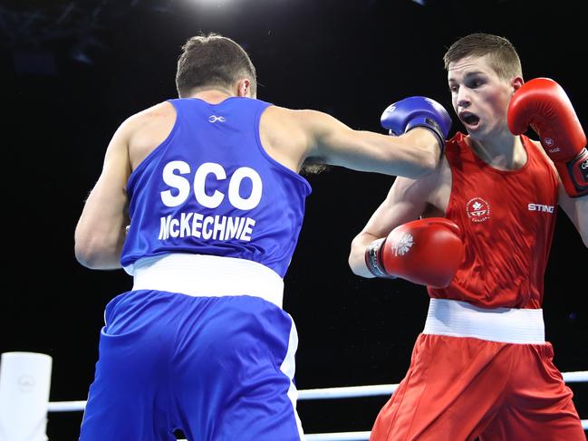 Boxer Robbie McKechnie of Scotland doing his “day job” against Thomas Blumenfeld of Canada. Picture: Phil Walter/Getty Images