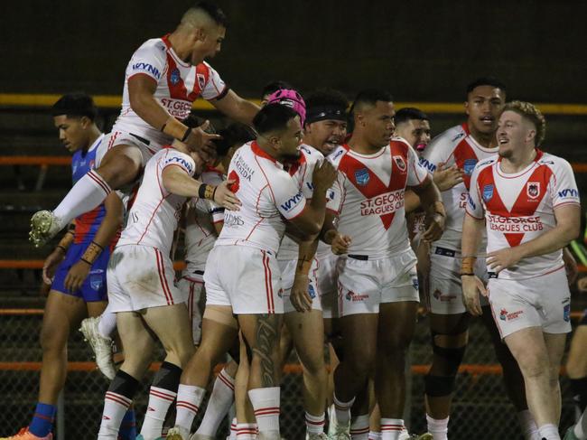 The Dragons celebrate a try. Picture: Warren Gannon Photography