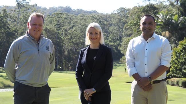 Coastal &amp; Golf Resorts Group general manager Brad Daymond, City of Coffs Harbour general manager Natalia Cowley and Coffs Harbour MP Gurmesh Singh at the announcement that Bonville Golf Resort will host the Australian Women's Classic in 2024, 2025 and 2026.