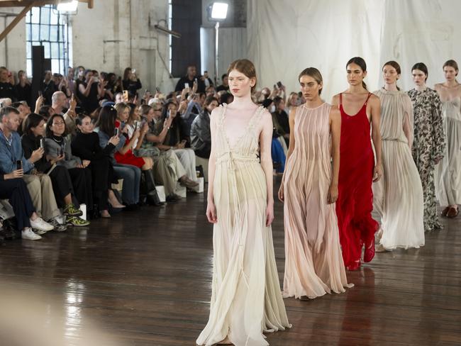 SYDNEY, AUSTRALIA - MAY 13: A model walks the runway during the Lee Mathews show at Australian Fashion Week 2025 at Carriageworks on May 13, 2025 in Sydney, Australia. (Photo by Matt Jelonek/Getty Images)