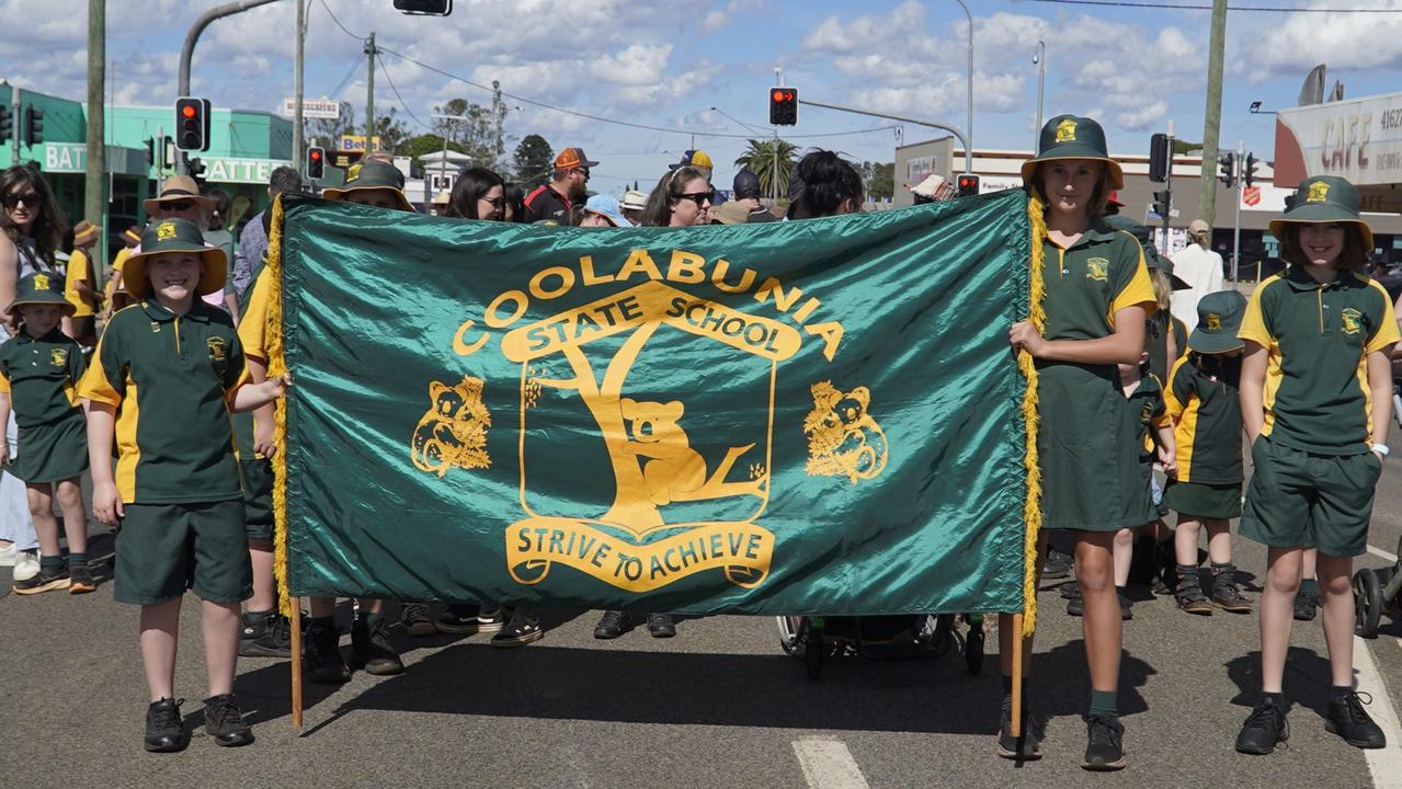 Coolabunia State School students at the 2024 Anzac Day parade at Kingaroy, about three hours northwest of Brisbane. Picture: Andrew Hedgman
