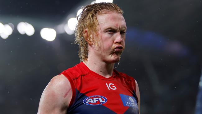 ADELAIDE, AUSTRALIA - APRIL 15: Clayton Oliver of the Demons leaves the field after a loss during the 2023 AFL Round 05 match between the Essendon Bombers and the Melbourne Demons at Adelaide Oval on April 15, 2023 in Adelaide, Australia. (Photo by Dylan Burns/AFL Photos via Getty Images)