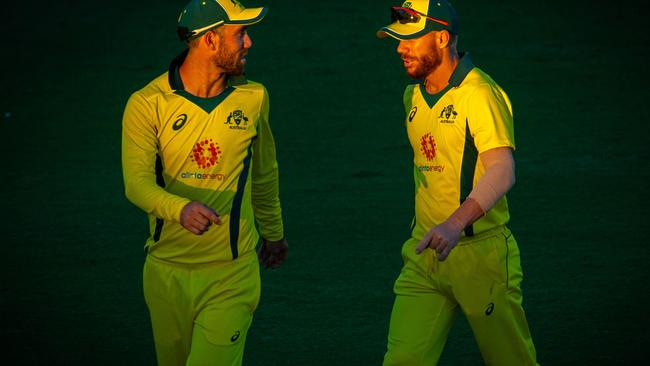 Australia's David Warner and Glenn Maxwell during a World Cup cricket warm-up match \