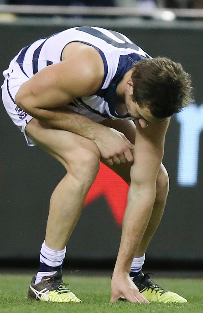 Daniel Menzel recovers after hitting the fence. Picture: Michael Klein
