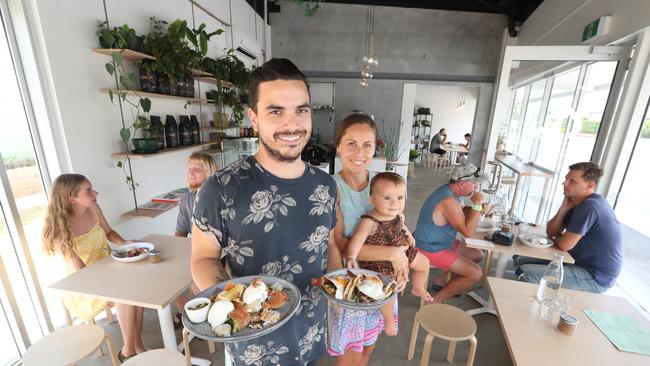 Owners Kaycee Hapi and Kelly Hapi with daughter Harlow Hapi at Hymn Coffee at Tweed Heads. Photo by Richard Gosling