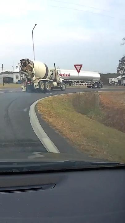 Heart-stopping moment cement mixer avoids fuel truck