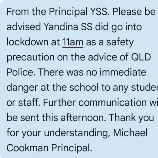 The text sent after 1pm to students at Yandina State School. Picture: Contributed.