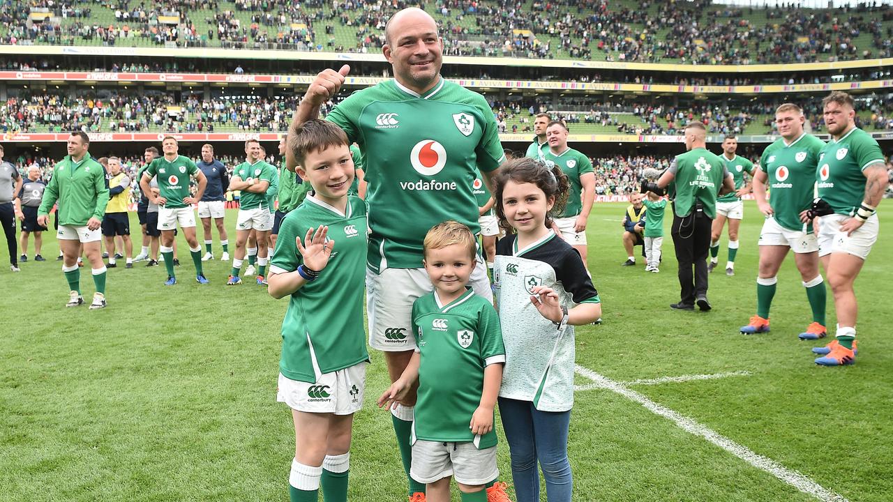 Rory Best of Ireland pictured with his children following his last game at the Aviva.