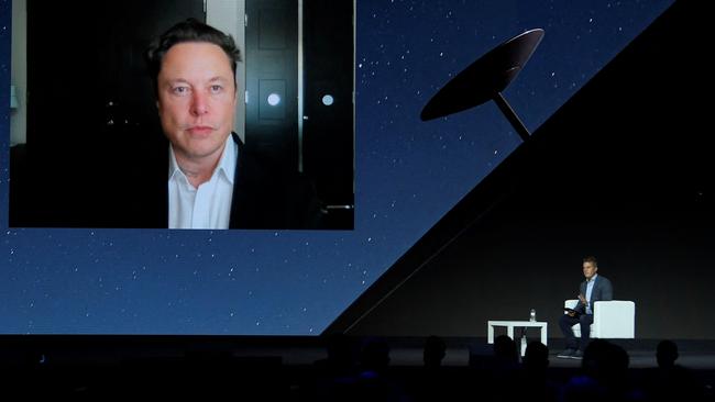 Space X founder Elon Musk gives a keynote speech by video conference at the Mobile World Congress (MWC) fair in Barcelona. Picture: AFP