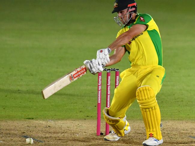 Australia's batsman Mitchell Marsh plays a shot during the international Twenty20 cricket match between England and Australia at the Ageas Bowl in Southampton, southern England on September 8, 2020. (Photo by Glyn KIRK / POOL / AFP) / RESTRICTED TO EDITORIAL USE. NO ASSOCIATION WITH DIRECT COMPETITOR OF SPONSOR, PARTNER, OR SUPPLIER OF THE ECB