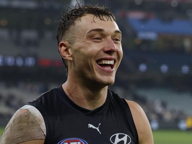 MELBOURNE, AUSTRALIA. May 5, 2024. AFL Round 9.. Carlton vs. Melbourne at the MCG. A happy Patrick Cripps of the Blues after win. Pic: Michael Klein