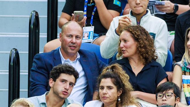 Former member for Kooyong Josh Frydenberg with his wife Amie during the match between Aryna Sabalenka and Elena Rybalenka of Kazakhstan in the Women’s Singles Final on Rod Laver Arena at the 2023 Australian Open at Melbourne Park. PHOTO CREDIT Tennis Australia/ AARON FRANCIS