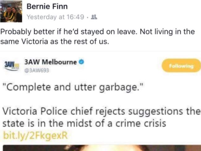 Bernie Finn post on Graham Ashton comments on gang crisis