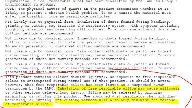 Material safety data sheet on Caesarstone from 2003 reveals a known cause between the product and free respirable silica may cause silicosis.