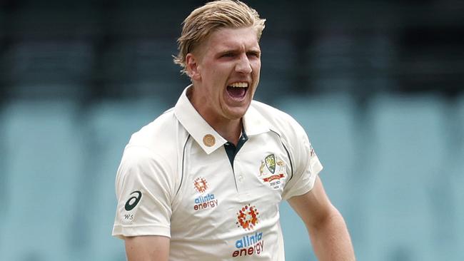 Australia's Will Sutherland celebrates bowling India's Prithvi Shaw during Day 1 of India v Australia A day/night tour match at the SCG. Picture. Phil Hillyard