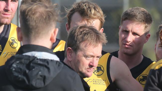 An angry Glenelg coach Mark Stone addresses his players. Picture: Dean Martin