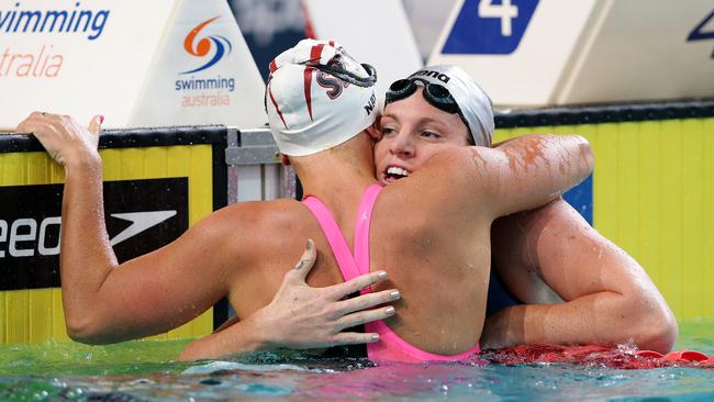 Meagen Nay and Emily Seebohm after competing in the womens 100m backstroke at the 2014 Australian Swimming Championships in Brisbane. Picture: Adam Head