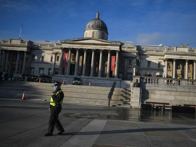 Police patrol Trafalgar Square in London as England enters a second COVID-19 lockdown. Picture: Getty Images