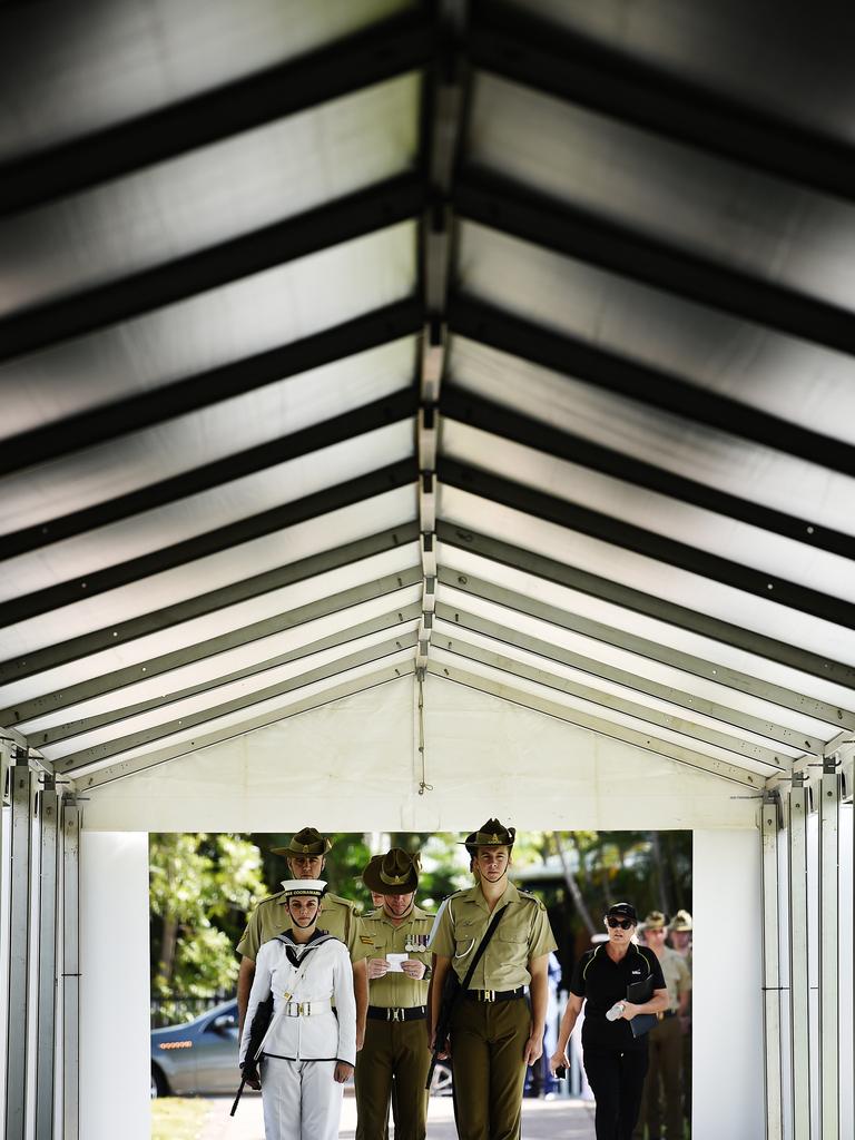 Soldiers walk towards the Cenotaph during the 77th Anniversary of the Bombing of Darwin on Tuesday, February 19, 2019. Picture: KERI MEGELUS