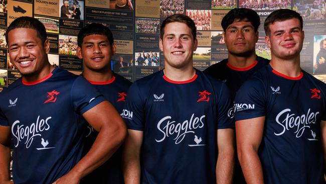 Daily Telegraph. 15, February, 2024.Sydney Roosters Academy players, Loka Toia, Peter Uini, Jake Elliott, De La Salle Va'a andBlake Steep, at Allianz Stadium, today.Picture: Justin Lloyd.