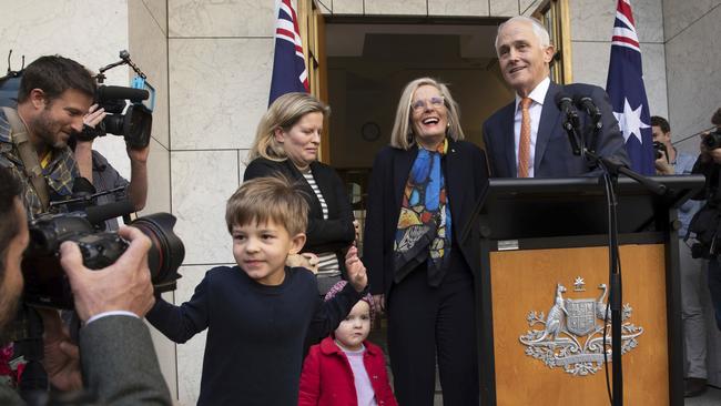 Malcolm Turnbull and family at yesterday’s press conference. Picture: AP