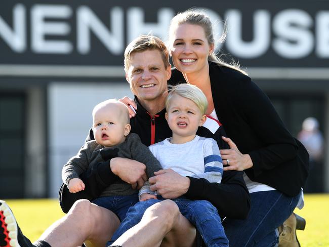 Nick Riewoldt with his wife Catherine, and sons James and Will. Picture: Joe Castro.