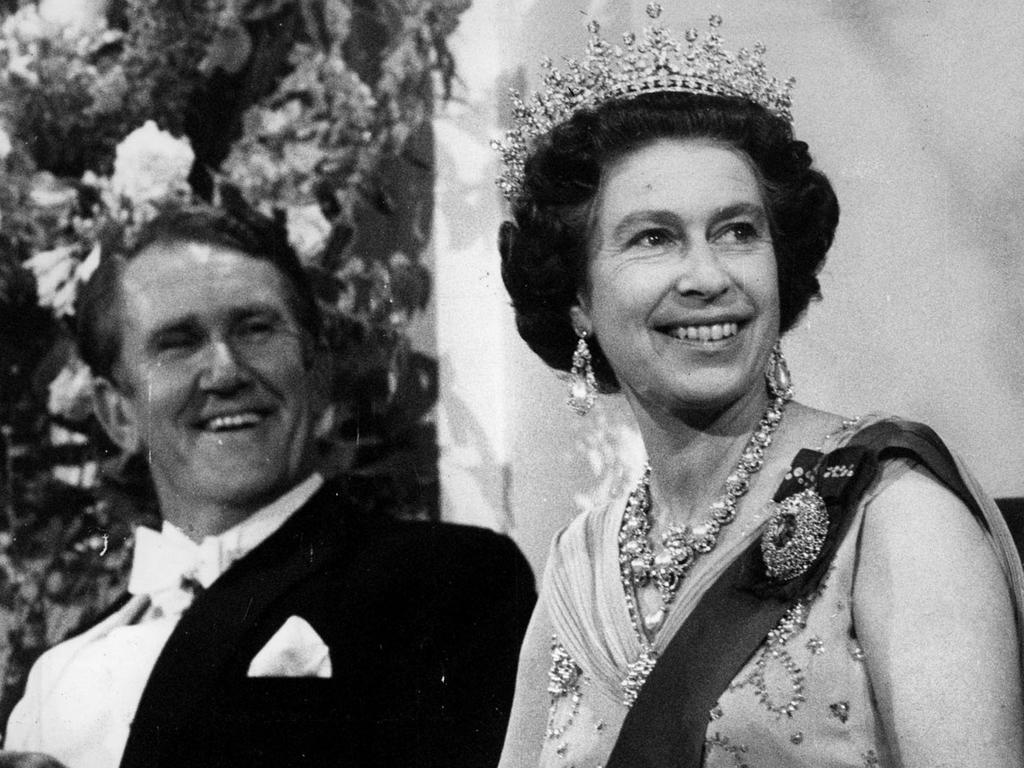 <b>1977 – Canberra</b> Malcolm Fraser was sworn in as caretaker prime minister after the dismissal and went on to win a landslide victory in the 1975 election. Two years later he joined the Queen at a reception in Parliament House, Canberra, as she returned to Australia for her Silver Jubilee tour. Picture: Australian Information Service