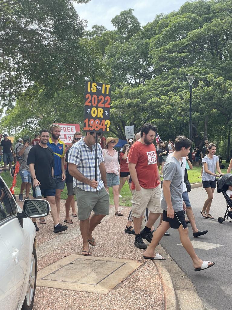 Protesters march through Darwin’s CBD against vaccination mandates on January 15 2022. Picture: Thomas Morgan