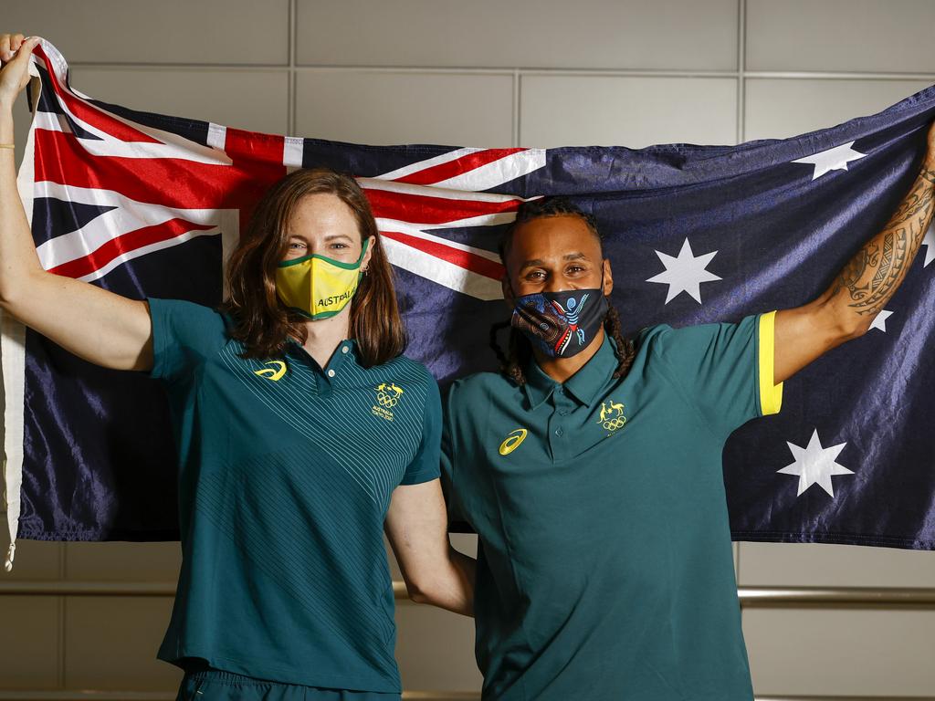 Swimmer Cate Campbell and basketballer Patty Mills will fly the Aussie flag at the Opening Ceremony. Picture: Alex Coppel