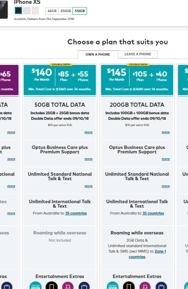 Optus pricing for the new iPhone XS. Most expensive and top of the range 512GB iPhone.