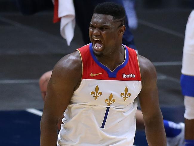 NEW ORLEANS, LOUISIANA - FEBRUARY 21: Zion Williamson #1 of the New Orleans Pelicans reacts during the second half against the Boston Celtics at the Smoothie King Center on February 21, 2021 in New Orleans, Louisiana. NOTE TO USER: User expressly acknowledges and agrees that, by downloading and or using this Photograph, user is consenting to the terms and conditions of the Getty Images License Agreement. (Photo by Jonathan Bachman/Getty Images)