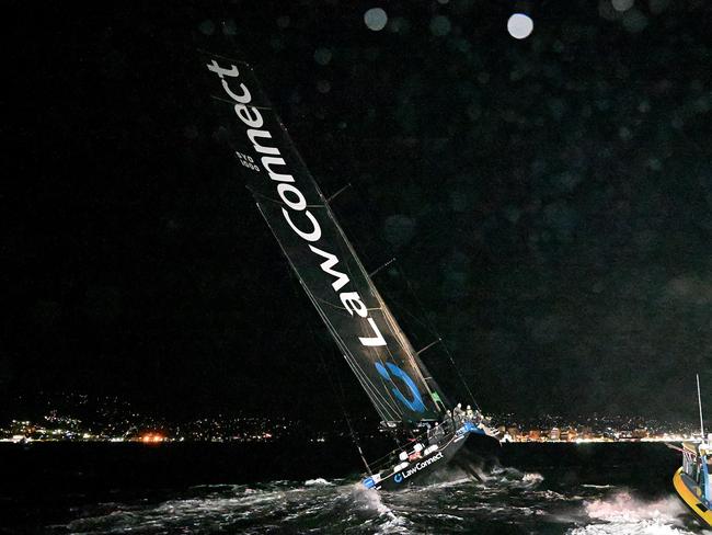 HOBART, AUSTRALIA - DECEMBER 28: Law Connect crosses the line to win the 2024 Sydney to Hobart, on December 28, 2024 in Hobart, Australia. (Photo by Steve Bell/Getty Images)