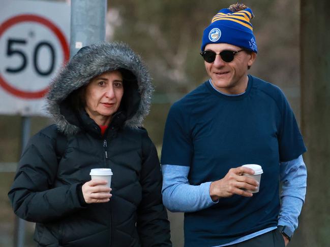 Do not use without speaking to the pic desk. Daily Telegraph Exclusive only. Must not use.   17 JULY 2021 SYDNEY NSW WWW.MATRIXNEWS.COM.AU CREDIT: MATRIXNEWS ASSIGNMENT: GLADYS BEREJIKLIAN PICTURED: GLADYS BEREJIKLIAN & ARTHUR MOSES GETTING COFFEE IN NORTHBRIDGE