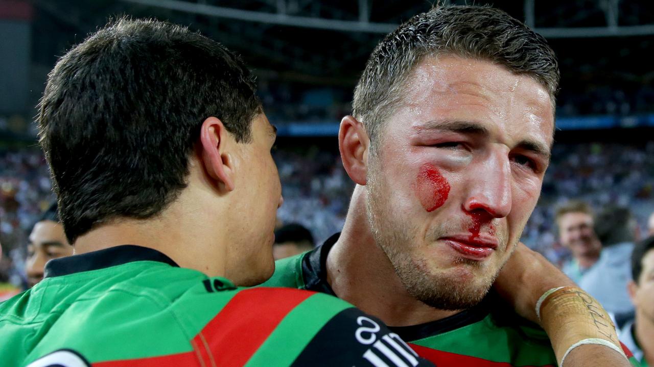 Sam Burgess played on with fractured eye socket and cheekbone in Souths’ 2014 grand final win. Picture: Gregg Porteous