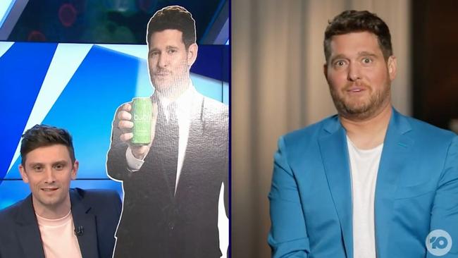 Host Sam Tauton found a cardboard cutout of Buble at a chicken shop. Picture: Channel 10 / The Project