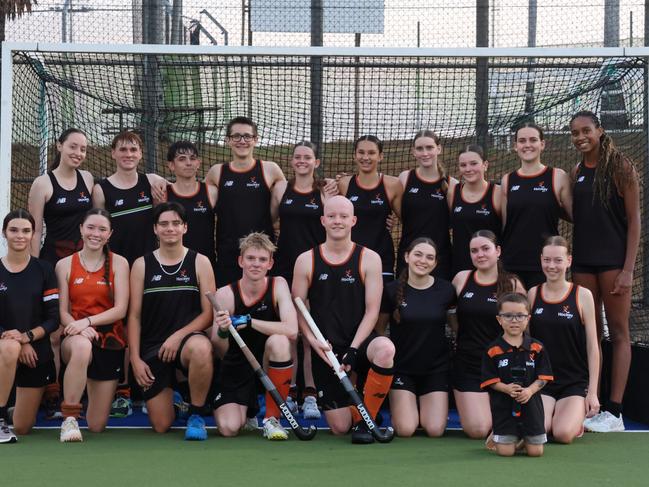 Members of the NT under-18s Boy's and Girl's state team ahead of the 2024 Nationals on the Gold Coast, Qld. Picture: Elle Richardson/NT Hockey.