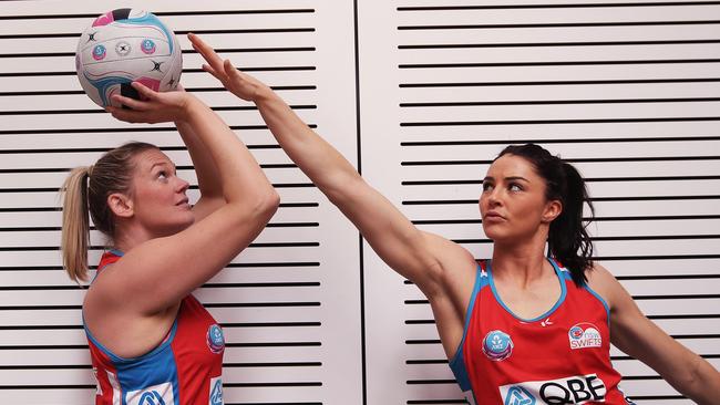 NSW Swifts goal shooter Caitlin Thwaites (left) and defender Sharni Layton ahead of Sunday’s ANZ Championship grand final.