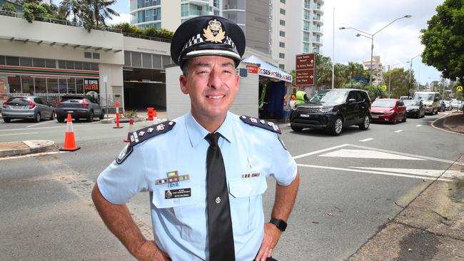 Gold Coast District Acting Chief Superintendent Rhys Wildman on two officers being knocked out cold in the Surfers Paradise party precinct at the weekend in separate incidents: “It highlights the risk these officers face on a daily basis.” Picture Glenn Hampson