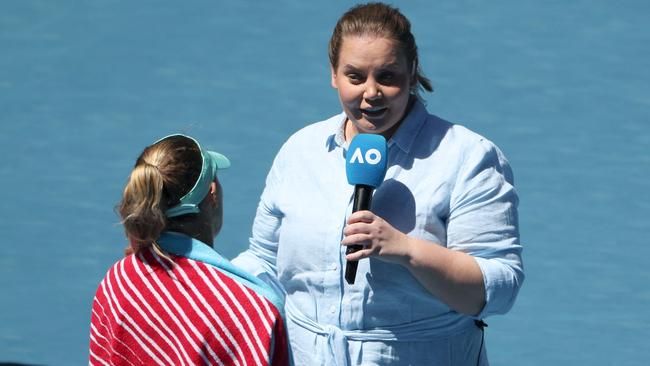 Dokic has become a fan favourite for her on-court interviews. (Photo by Martin KEEP / AFP)