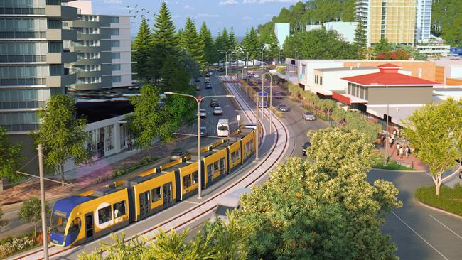 Updated artist impression of Gold Coast Light Rail Stage 3 entering central Burleigh Heads. Picture: Supplied