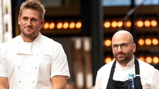 Curtis Stone with George Calombaris on the set of MasterChef 2019.