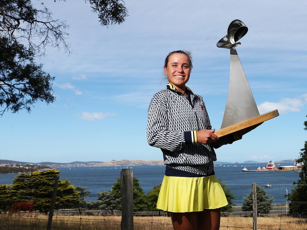 Winner of the 2019 Hobart International tennis tournament Sofia Kenin from the USA at Government House in Hobart with her trophy. Picture: NIKKI DAVIS-JONES